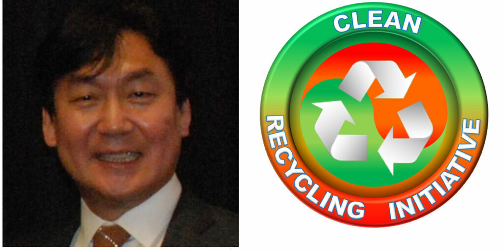 Portrait of a man (our founder, Sae Chang) next to the Clean Recycling Initiative logo, an NGO that Sae founded